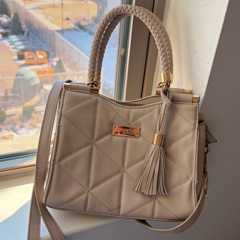 BEBE Beige Quilted Handbag with Tassel